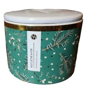 New Huntington Home Mistletoe & Fir Lidded Ceramic Candle Jar Apothecary Herbs